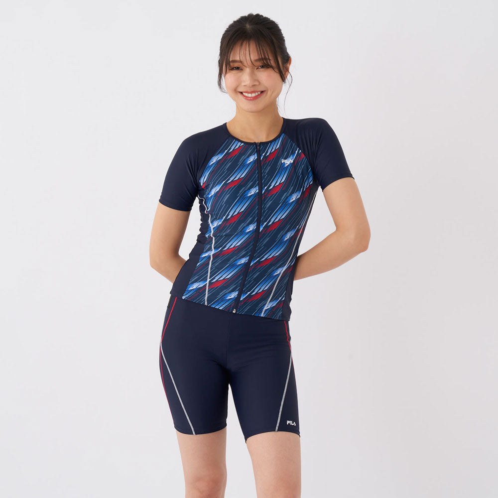 emmi 青 リブ編み セパレート水着 トップス・ショーツ・ポーチ付き