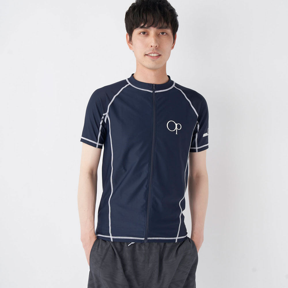 メンズ 半袖 フルジップ ラッシュガード UVカット アクアシャツ スイムトップス