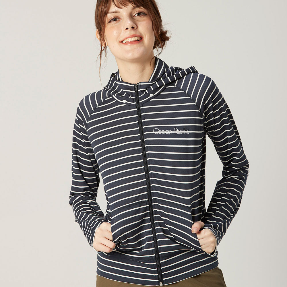 Women's full zip long sleeve rash guard hoodie striped pattern amphibious