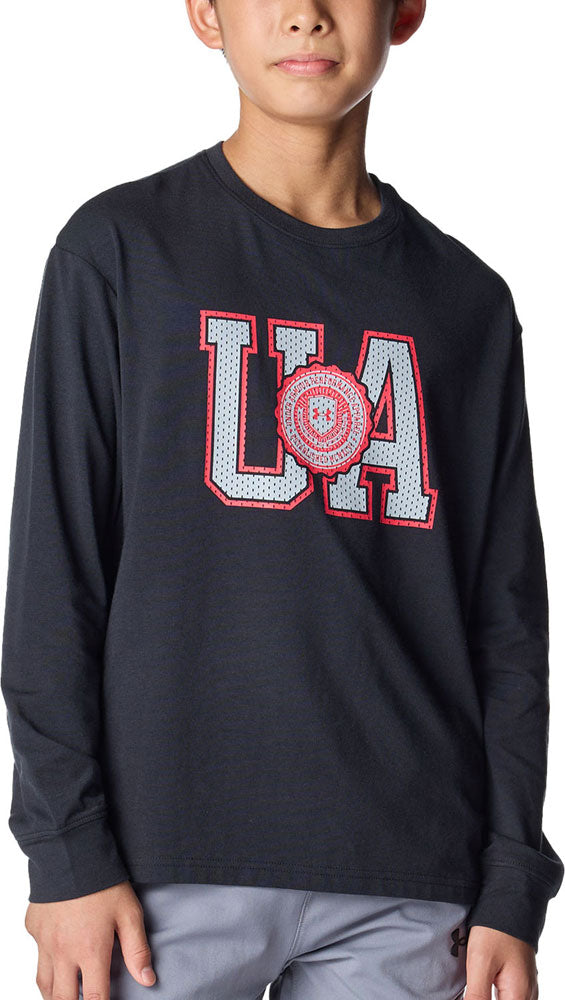 UAパフォーマンスコットン バーシティ ロゴ ロングスリーブ Tシャツ ジュニア キッズ