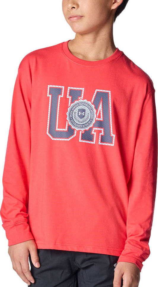 UAパフォーマンスコットン バーシティ ロゴ ロングスリーブ Tシャツ ジュニア キッズ