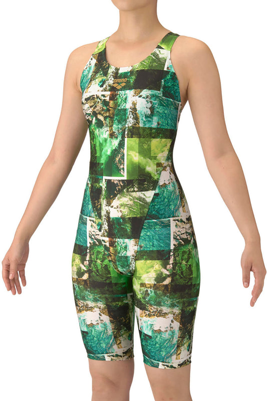 フィットネス水着 ワンピーススパッツ オープンバック・ハーフレッグ・ぴったりパッド