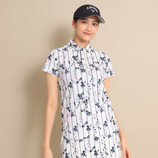 Callaway Striped Flower Print Compact Kanoko Short Sleeve Shirt for Women