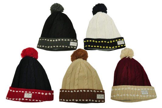 Women's knit cap with pom-poms